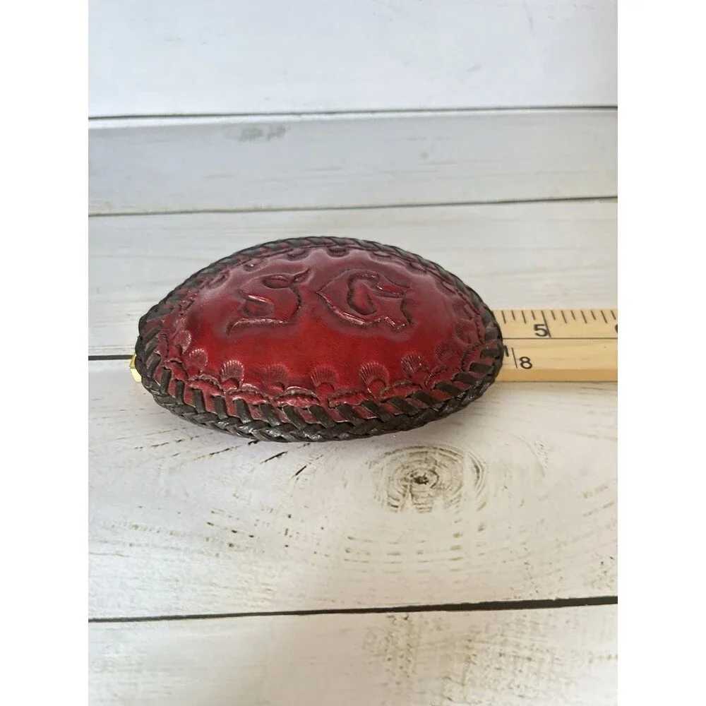 Vintage Mens Women’s Hand Tooled Leather Belt Buckle Whipped Stitch Initialed SG